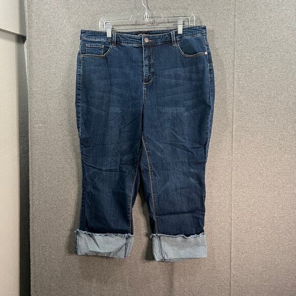 Susan Graver Stretch Denim Girlfriend Jean with Cuff Deep Indigo, Plus Petite 18 - Picture 1 of 10